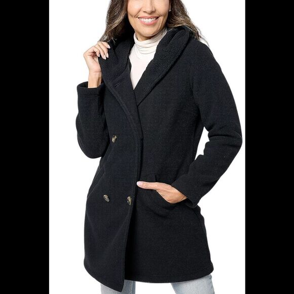 Denim & Co. Jackets & Blazers - Denim & Co. Fleece & Sherpa Hooded Double Breasted Coat Black - Regular
